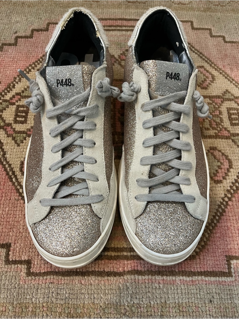 Worn Once P448 John Rose Gold Glitter Sneakers with Hair Calf Heel Accents 40